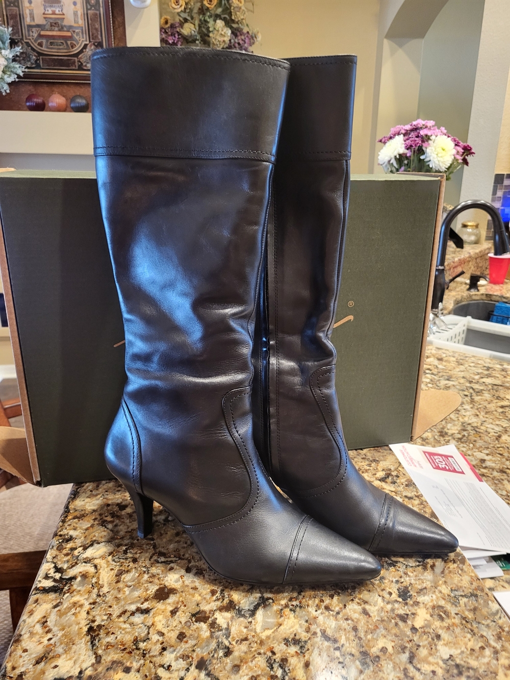 Classic Black Leather Knee-High Heeled Boots